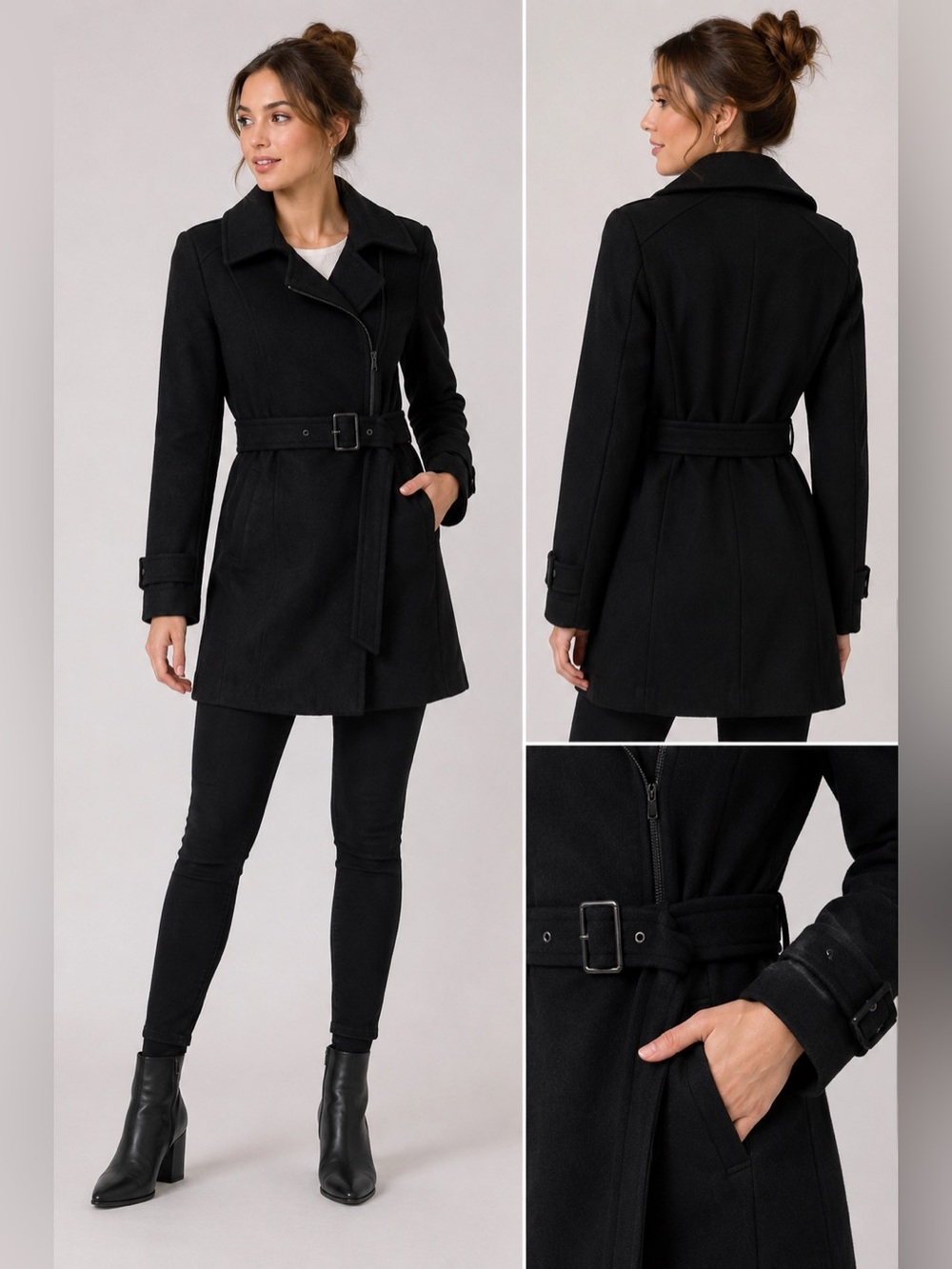 Kenneth Cole New York Black Wool Blend Belted Moto Trench Coat XS